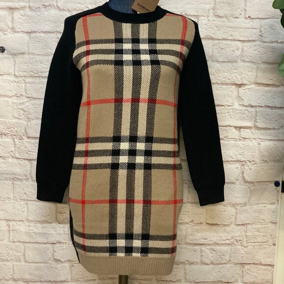Burberry Beige/Black Check Diane Sweater Dress, Wool/Cashmere, 12Y XS, NWT - Picture 1 of 7